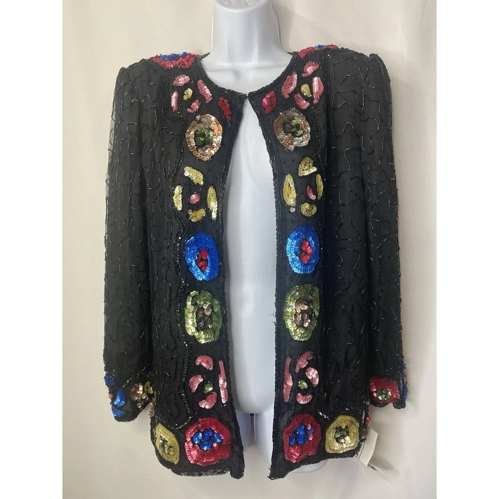 Vintage Felicity Sequined 100% Silk Jacket Size Large Rave Wear Bling Divas Y2K